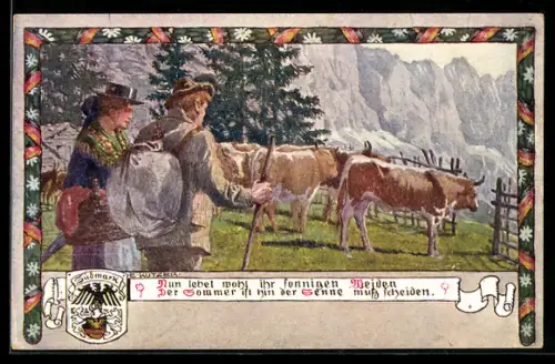 Künstler-AK Ernst Kutzer: Senn mit Frau treibt nach dem Sommer die Herde zurück ins Tal