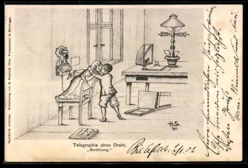 Künstler-AK H. Starkloff: Telegraphie ohne Draht, Junge küsst ein Mädchen