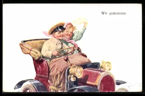 Künstler-AK Karl Feiertag: Kleines Paar fährt im Auto