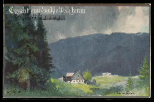 Künstler-AK Franz Jung-Ilsenheim: Lied Es geht eine dunkle Wolk herein, Haus am Waldrand