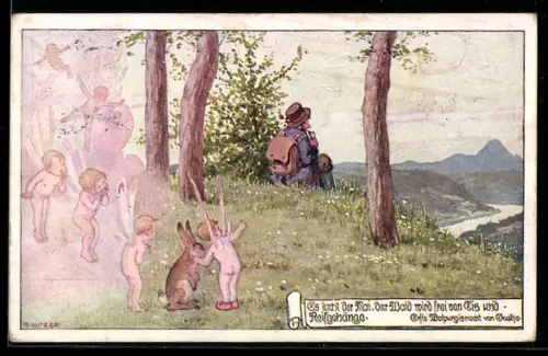 Künstler-AK Ernst Kutzer: Wanderer sitzt auf der Wiese und schaut ins Tal, Englein beobachten ihn