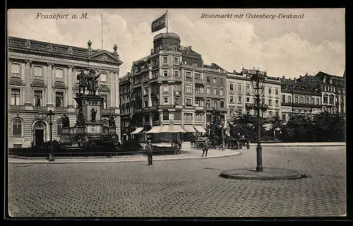 AK Frankfurt a. M., Rossmarkt mit Gutenberg-Denkmal, Panorama