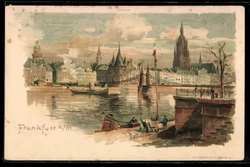 Lithographie Alt-Frankfurt, Mainufer, Brücke, Dom