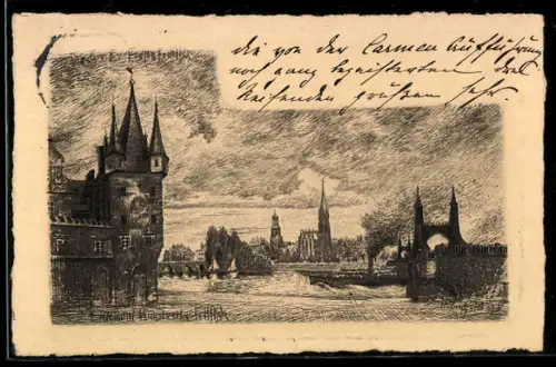 Lithographie Alt-Frankfurt, Alte Brücke, Dom, Stadtansicht