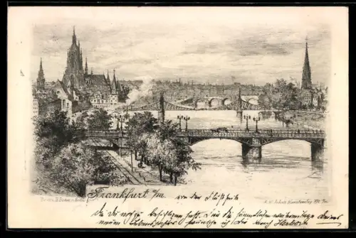 Künstler-AK Alt-Frankfurt, Dom, Alte Brücke, Mainansicht