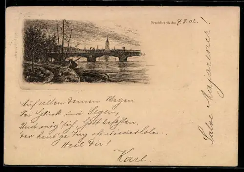 Lithographie Alt-Frankfurt, Brücke und Stadtansicht mit Dom