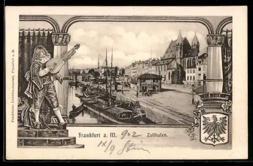 AK Alt-Frankfurt, Zollhafen, Historischer Gitarrenspieler, Wappen