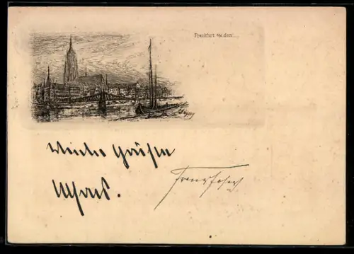 Lithographie Alt-Frankfurt, Stadtansicht mit Dom und Mainufer