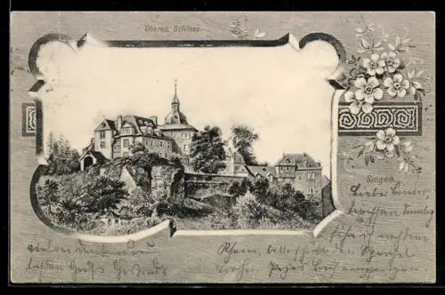 AK Siegen, Oberes Schloss, Schmuckrahmen mit Blumen