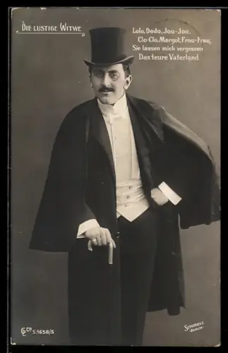 AK Die lustige Witwe, Lolo, Dodo, Jou-Jou..., Darsteller mit Umhang und Zylinder