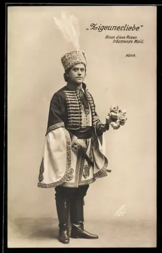 AK Operette Zigeunerliebe, Schauspieler mit Rosen