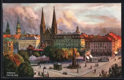 AK Dresden, Postplatz mit Strassenbahn, Litfasssäule