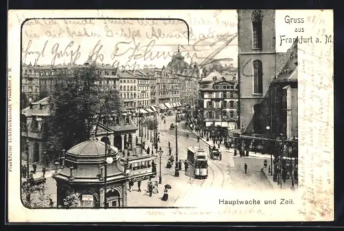 AK Frankfurt a. M., Hauptwache u. Zeil mit Strassenbahn aus der Vogelschau