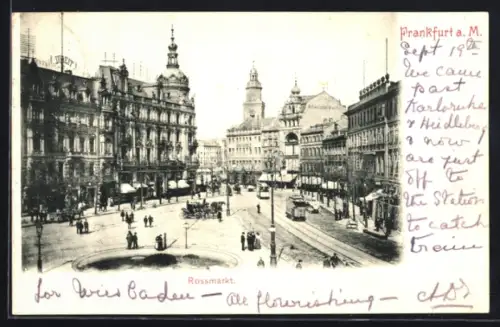 AK Frankfurt a. M., Rossmarkt mit Strassenbahnen aus der Vogelschau