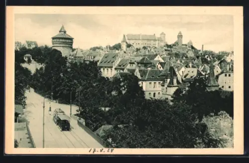 AK Nürnberg, Hallertorpanorama mit Strassenbahn aus der Vogelschau