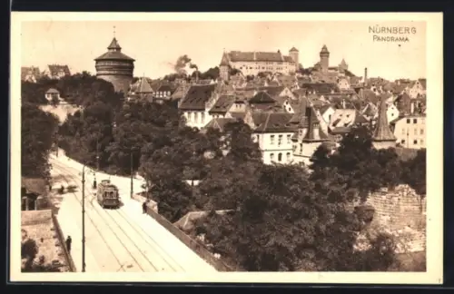 AK Nürnberg, Stadtpanorama mit Turm u. Strassenbahn aus der Vogelschau