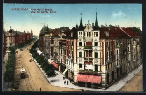 AK Düsseldorf, Graf Adolf-Strasse mit Strassenbahn