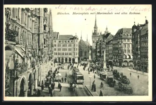 AK München, Marienplatz mit Mariensäule, altes Rathaus u. Strassenbahn