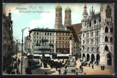 AK München, Strassenbahnen auf der Kauflingerstrasse mit Marienplatz
