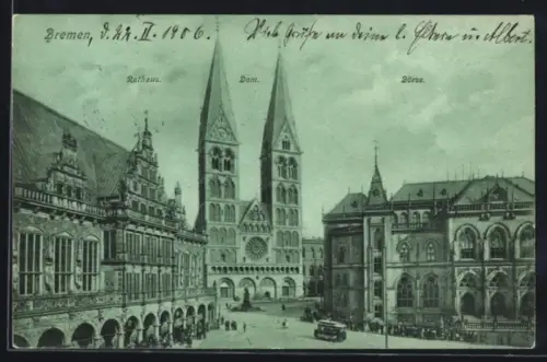 AK Bremen, Marktplatz mit dem Rathaus, dem Dom und der Börse, Strassenbahn