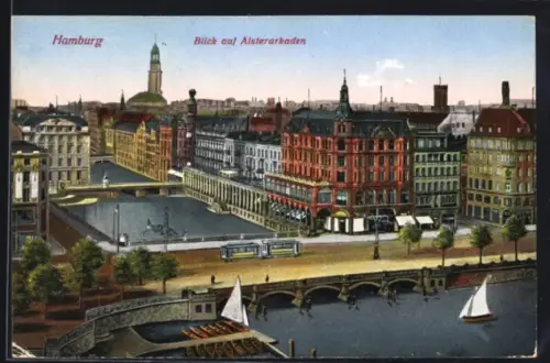AK Hamburg, Alsterarkaden mit Brücken u. Strassenbahn aus der Vogelschau