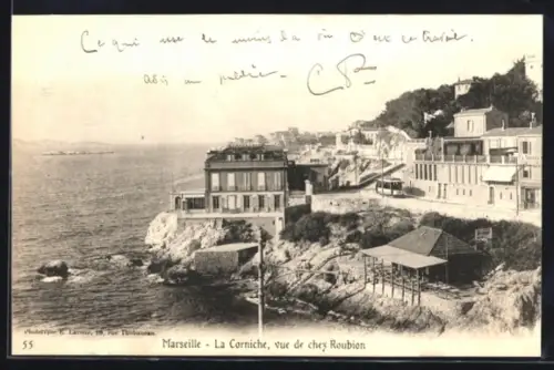 AK Marseille, La Corniche, vue de chez Roubion, Strassenbahn