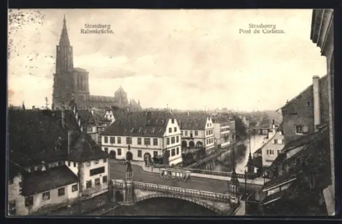 AK Strassburg, Rabenbrücke mit Strassenbahn aus der Vogelschau, Münster