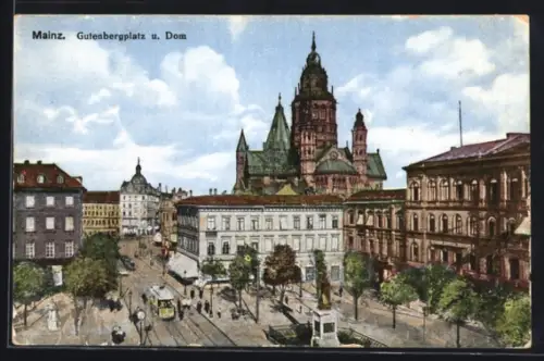 AK Mainz, Gutenbergplatz u. Dom, Strassenbahn
