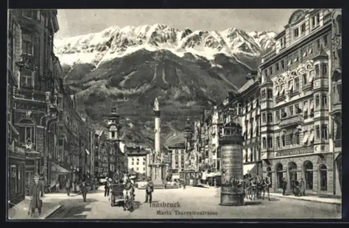 AK Innsbruck, Maria Theresienstrasse mit Säulendenkmal u. Strassenbahn