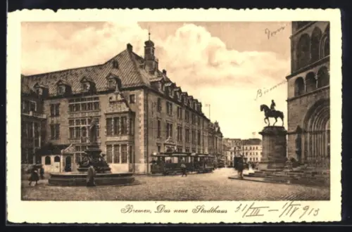 AK Bremen, Das neue Stadthaus, Strassenbahn, Denkmäler