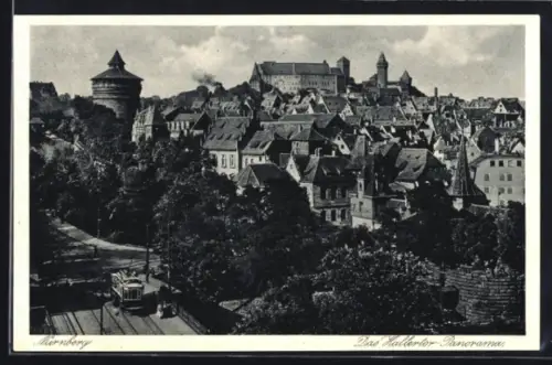 AK Nürnberg, Hallertor-Panorama mit Strassenbahn aus der Vogelschau