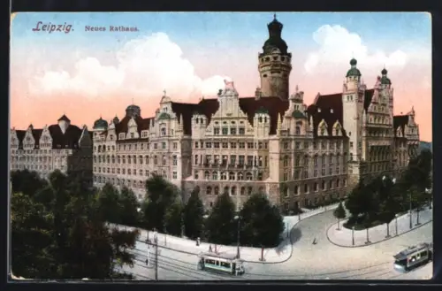 AK Leipzig, Neues Rathaus mit Strassenbahnen aus der Vogelschau