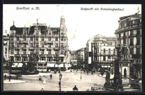 AK Frankfurt a. M., Rossmarkt mit Gutenbergdenkmal und Strassenbahn