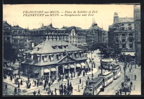 AK Frankfurt a. M., Hauptwache u. Zeil mit Strassenbahn aus der Vogelschau