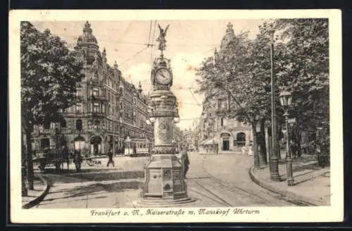 AK Frankfurt a. M., Kaiserstrasse mit Manskopf Uhrturm u. Strassenbahn