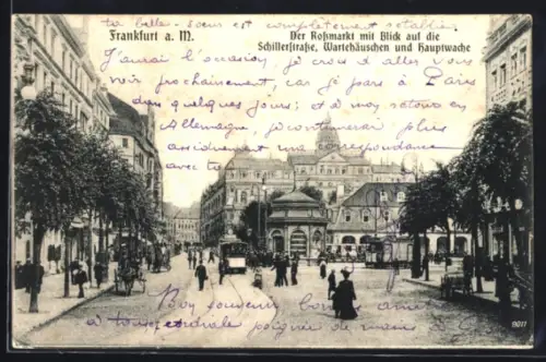 AK Frankfurt a. M., Rossmarkt mit Schillerstrasse, Strassenbahn, Wartehäuschen u. Hauptwache