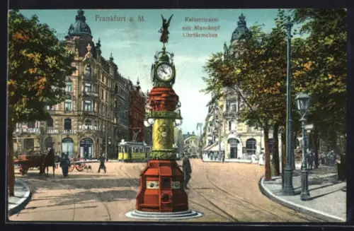 AK Frankfurt a. M., Kaiserstrasse mit Strassenbahn u. Mankopf Uhrtürmchen