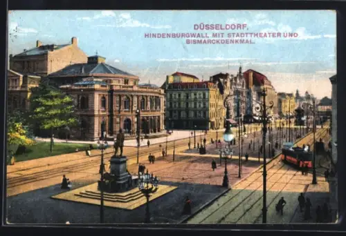 AK Düsseldorf, Hindenburgwall mit Strassenbahn, Stadttheater u. Bismarckdenkmal