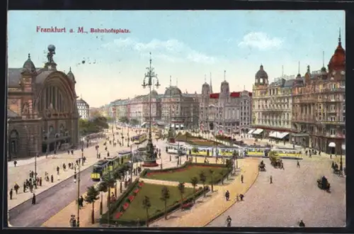 AK Frankfurt a. M., Bahnhofsplatz mit querender Strassenbahn aus der Vogelschau