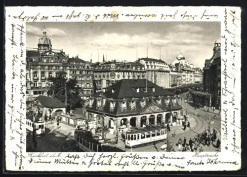 AK Frankfurt a. M., Hauptwache mit Strassenbahnen aus der Vogelschau