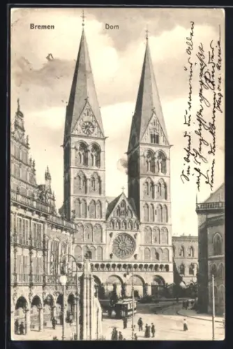 AK Bremen, Strassenbahn vor dem Dom