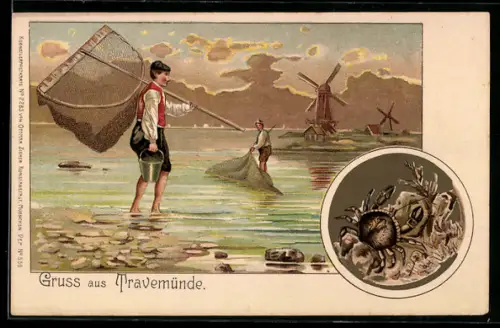Lithographie Krebsfischer vor Windmühlen