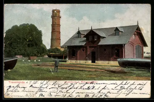 AK Travemünde, Blick auf Leuchtturm und Rettungsstation