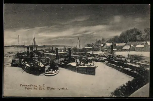 AK Lauenburg a. E., Hafen im Eise, Winter 1911-12