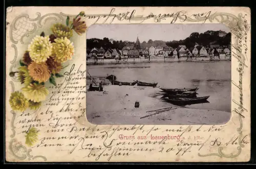 Lithographie Lauenburg a. d. Elbe, Uferpartie mit Booten, Crysanthemen, Passepartout