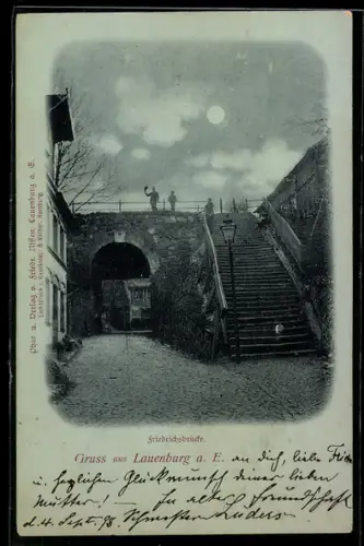Mondschein-AK Lauenburg a. E., Friedrichsbrücke