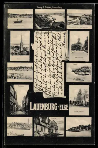 AK Lauenburg-Elbe, Kirche, Elbstrasse, alter Schlossturm, Hafen, Schiffsanleger, Lützow-Denkmal