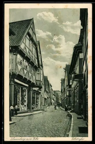AK Lauenburg an der Elbe, Partie in der Elbstrasse, Fachwerkhäuser, Apotheke