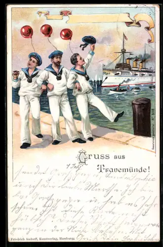 Lithographie Travemünde, Matrosen am Hafen und Dampfschiff