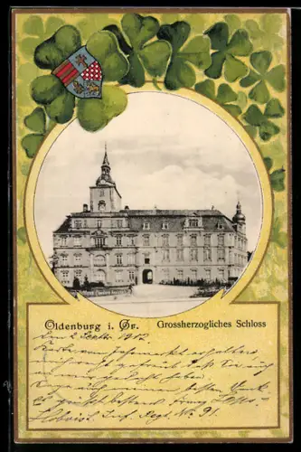 Präge-Airbrush-AK Oldenburg i. Gr., Grossherzogliches Schloss, Kleeblätter und Wappen im Passepartout